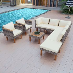 GO 9-Piece Patio Rattan Furniture Set, Outdoor Conversation Set With Acacia Wood Legs and Tabletop, PE Rattan Sectional Sofa Set with Coffee Table, Wa