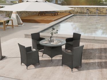 5 Piece Outdoor Dining Set All-Weather Wicker Patio Dining Table and Chairs with Cushions, Round Tempered Glass Tabletop with Umbrella Cutout for Pati