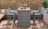 5-pieces Outdoor Patio Wicker Bar Set, Bar Height Chairs With Non-Slip Feet And Fixed Rope, Removable Cushion, Acacia Wood Table Top