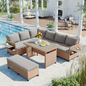 5-Piece Outdoor Patio Rattan Sofa Set; Sectional PE Wicker L-Shaped Garden Furniture Set with 2 Extendable Side Tables; Dining Table and Washable Cove (Color: Brown)